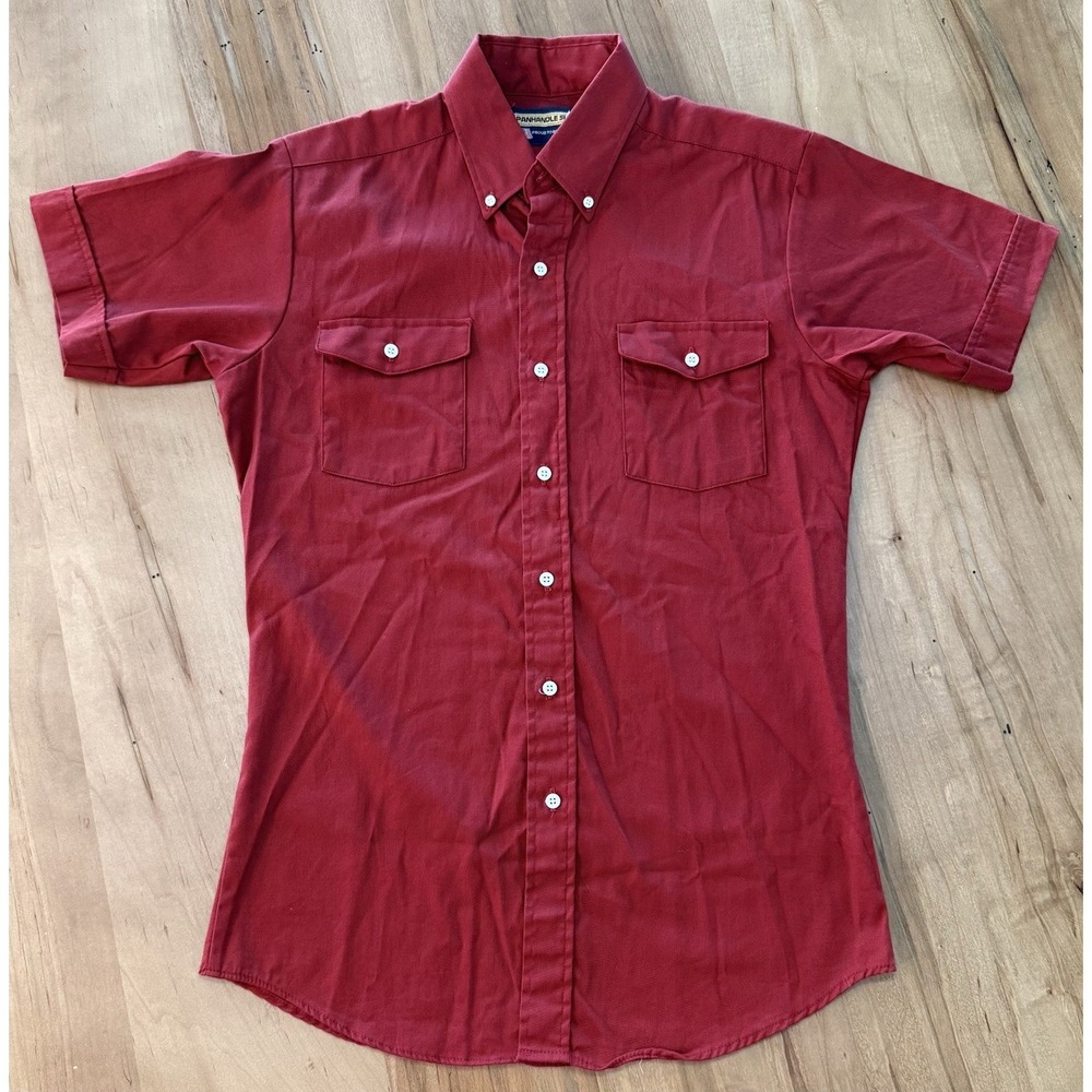 Vintage Panhandle Slim Red Cotton Button-Up Short Sleeve Shirt M 15-15.5 USA